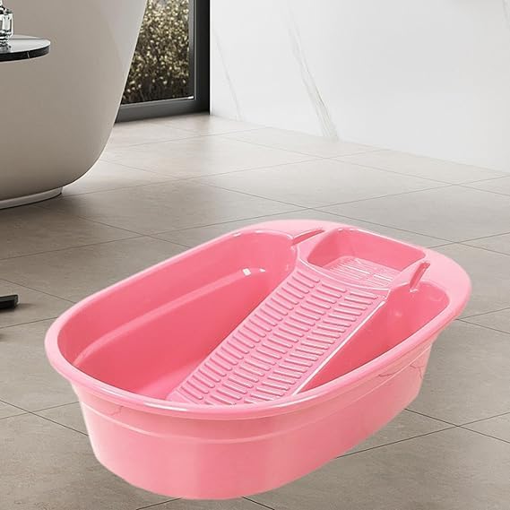 Image of VAJIN Plastic Washtub with Built-In Washboard - Portable Laundry Tub for Hand Washing Clothes, Vintage-Style Basin for T‑Shirts & Pants, Home & Garden Utility, Compact & Durable Design