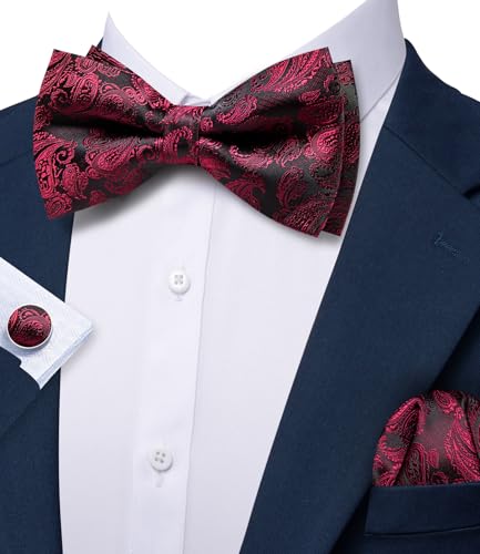 Image of YOHOWA Paisley Striped Men Bow Tie Pre-Tied Formal Adjustable Colorful Bowties Handkerchief Cufflinks Set Wedding Party