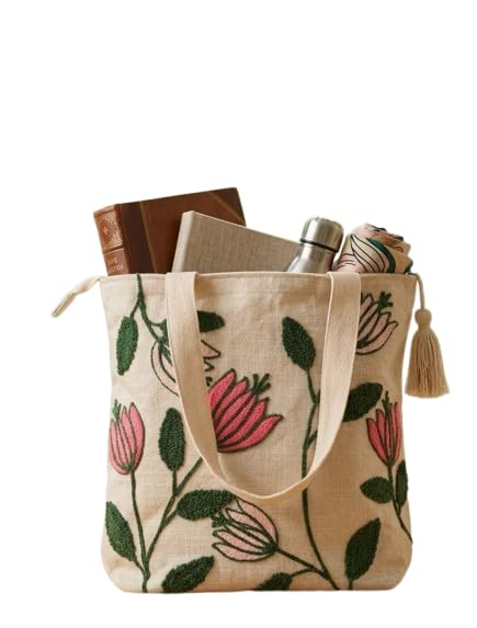 rosslyn Cotton Trendy Embroidery Work Tote Bag for Women | Floral Design Shoulder Handbag with Zipper Closure | Canvas for College, Office, Travel & Daily Use | 15 x 15 x 4 Inch-picture-4