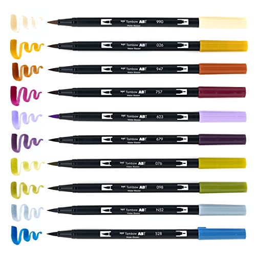 Tombow 56186 Dual Brush Pen Art Markers, Muted, 10-Pack. Blendable, Brush and Fine Tip Markers, Multicolor