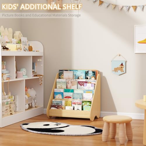 Image of Lkeiyay Montessori Kids Bookshelf, Wooden 4-Tier Front Facing Book Organizer for Nursery Classroom Kids Room