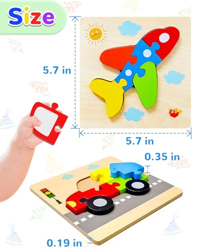 Image of Wooden Toddler Puzzles Gifts Montessori Toys for 1 2 3 Years Old Boys Girls | 8 Vehicle Shape Puzzles, Boy Birthday Gift, Montessori Toys Educational Blocks for Toddlers 1-3, 2-4, Baby Learning Toys