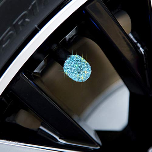SAVORI Valve Stem Caps, 4 Pack Handmade Crystal Rhinestone Universal Car Tire Valve Caps Chrome,Attractive Dustproof Bling Car Accessories(Blue)