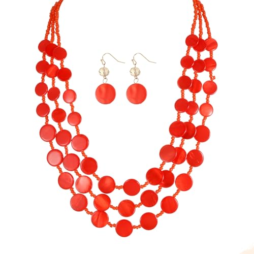 Rosslyons Multi layered Chunky Beaded Necklaces for Women Boho Colorful Shell Strand Statement Necklaces With Earrings Set Fashion Costume Jewelry Gifts (Orange)