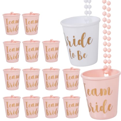 15 PCS Hen Party Shot Glasses Plastic Beaded Bridal Shot Glasses Necklace Hen Do Accessories - 1 Bride/Groom & 14 Team Party Favours for Stag Do Bachelorette Bridal Shower (White & Pink)