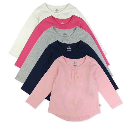 HonestBaby 5-Pack Long Sleeve T-Shirt Set with Front Gathering 100% Organic Cotton for Toddlers, Infant Baby Girls
