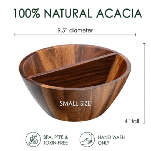 Evergro Sequoia & Co. Wooden Salad Bowl - Small 9.5” Wood Serving Bowl For Salad, Fruit, Or Snack - Acacia Divided Wooden Bowls - Wood Salad Bowl For Rustic, Modern Home & Kitchen Counter Décor #TOP5