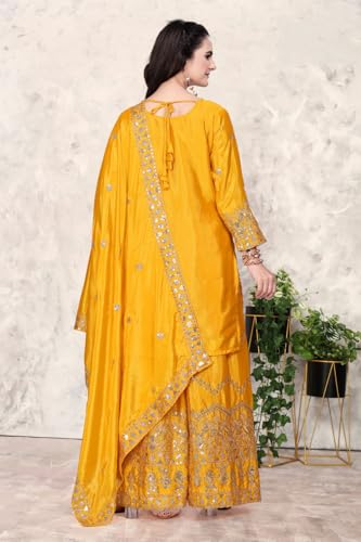 Image of Anvri Textiles Yellow Embroidered Kurta Sharara Set for Women - V-Neck, 3 /4th Sleeves, Knee-Length Kurta with Matching Dupatta - Festive & Haldi Perfect