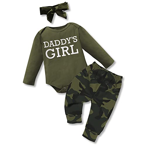 AMAWMW Newborn Infant Baby Girl Clothes Daddys Girl Camo Outfit Long Sleeve Romper Camouflage Pant Toddler Baby Girl Clothes (Daddys Girl Long Sleeve, 0-3 Months)