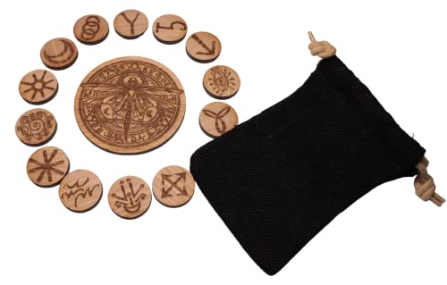 13 Hexenrunen Runensteine mit magischer Libelle aus Holz Runenset Eiche Hexen Runen
