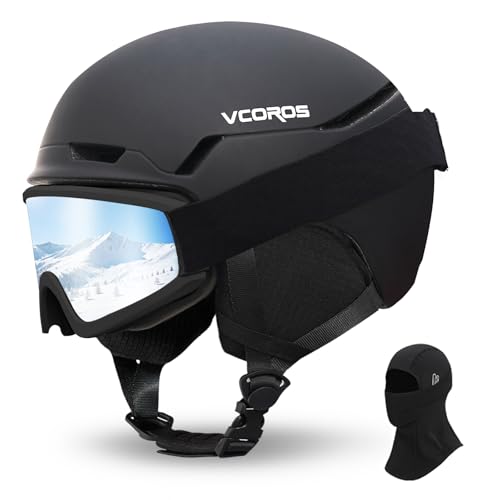 VCOROS Casco de Esquí Kit con Gafas de Esquí Capucha Transpirable UV Seguridad Comodidad Casco de Snowboard mit Orejeras Extraíbles para Hombre Mujer (Negro Mate+Gafas de Esquí+Pasamontañas, Small)