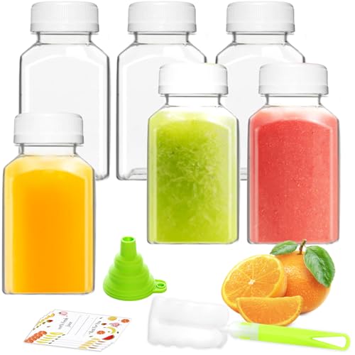 ztarraum Plastic Juice Bottles, Reusable Juice Containers with White Tamper Proof Lids, Brush, Funnel and Labels, Clear Juice Containers for Juicing, Smoothie and Homemade Beverages (6PCS 4oz)