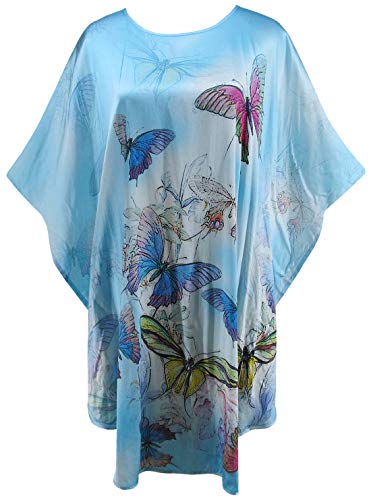 Ledamon Women's 100% Silk Short Robe Nightgowns Batwing Sleeved Nightwear Sleepwear Pajama (Light blue)