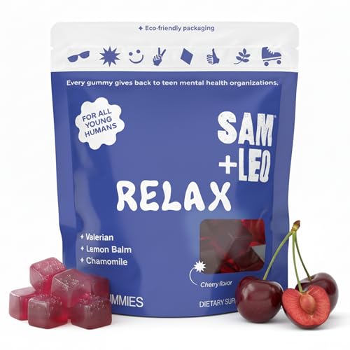 SAM+LEO Relax Gummies with Valerian Lemon Balm & Chamomile for Kids & Teens Stress Relief & Relaxation Support Vegan & Gluten Free Cherry Flavor (60 Count)