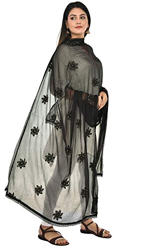 Image of YOUTHQUAKE Flower Embroidered Diamond Work Chiffon Dupatta for Womens & Girls With 4 Side Lace