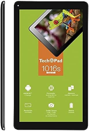 Front view of the TECH PAD 1016S Tablet, showing the screen with the Tech Pad 1016s logo and Android icons.