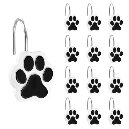 Sunlit Cute Paw Print Decorative Shower Curtain Hooks for Dog Cat Bear, Resin, Lovely Shower Curtain Rings for Kids, Bathroom Decoration Curtain, 12 Pack, Black and White