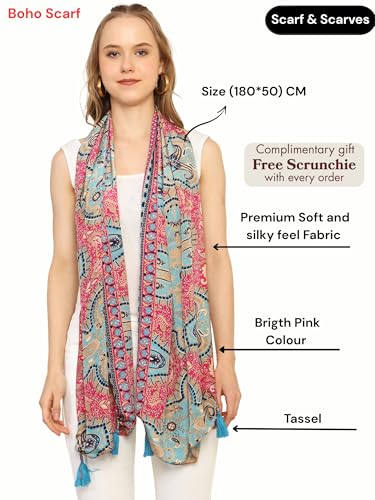 Image of KE KANHA EXPORT Women Scarf|Stole For Women|Scarf For Women Stylish|Stall For Women|Border Print Face Cover Head Wrap|Boho|Beach|Multicolor|180x50cm|Pack Of 1|FREE Scrunchie Included