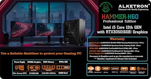 Image of ALKETRON Hammer H60 - Gaming Desktop pc - i5 Core 12th Gen Intel Processor with RTX3050(6GB) Dedicated Graphics(Ready to use DDR4 CPU Tower Box Piece - Professional Edition)