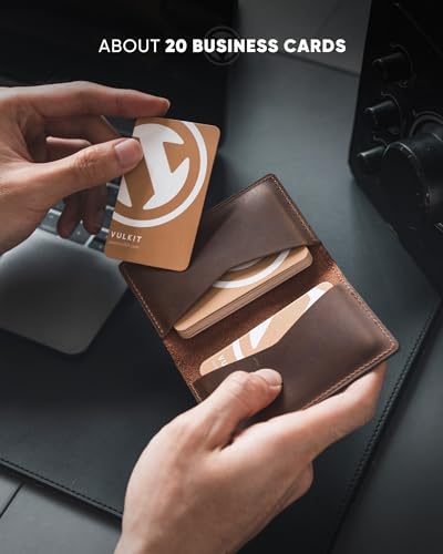 Image of VULKIT Genuine Leather Business Card Holder 2 Sided Slim Business Name Card Organizer for Men or Women, up to Hold 20 cards (Genuine Dark Brown)