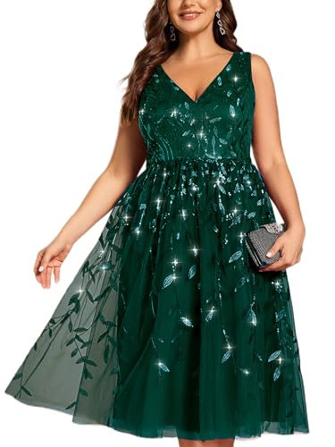 Ever-Pretty A Line V Neck Sleeveless Sequin Plus Size Midi Summer Cocktail Wedding Guest Dresses for Curvy Women 02106-DA