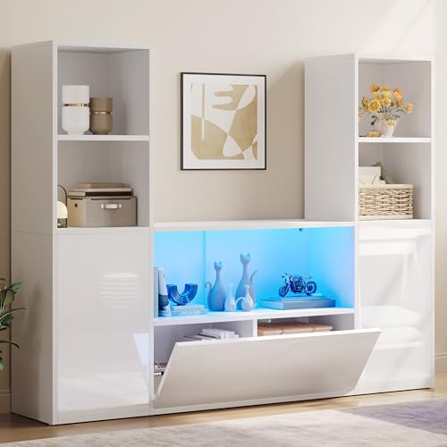 YITAHOME Castle Bookcase with Storage & Adjustable LED Lights, U-Shaped White Bookshelf with Cabinet, UV High-Gloss Display Unit, Cube Organizer for Living Room, Home Office and Bedroom
