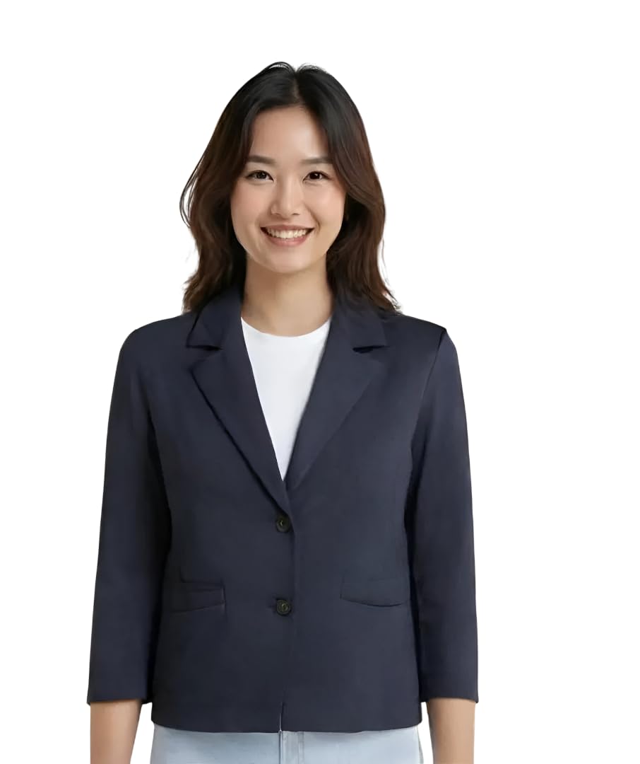 Women Cotton Blend Solid Single Breasted Blazer with Notched Lapel | Full Sleeves, Button Closure, Regular Fit Formal Blazer for Womens & Girls | Lightweight & Breathable Fabric (Blue)_58-image-34