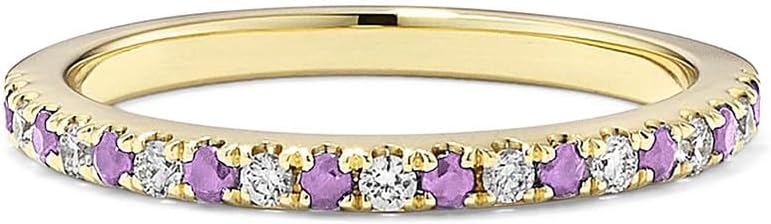 Round Cut Amethyst & White Diamond Halfway Wedding Band For Women, 14K Gold Plated 925 Silver February Birthstone Amethyst Half Eternity Bridal Anniversary Matching Band