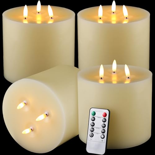 Retisee 4 velas extra grandes sin llama de Navidad de 6 x 6 pulgadas, 3 mechas, velas LED de cera real con control remoto y temporizadores para farol al aire libre, porche, pilas no incluidas