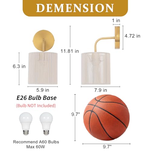 Image of Boho Wall Sconces Set of 2, Gold Rattan Wall Sconce 12 inch High Hand Woven Wall Lamp with Rope Shade, Coastal Sconce for Living Room Vanity Bedroom Hallway Kitchen Stair (Hardwired)