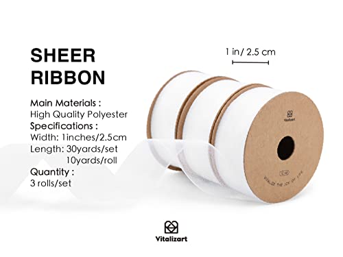 Vitalizart White Organza Ribbon, 1'' x 30YD (3 Rolls*10YD) - Image 2