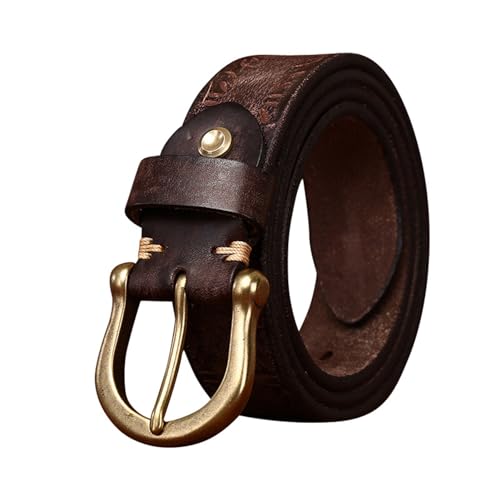 NALANY Western Cowboy Engraved Floral Tooled Embossed Belt Distressed Strap Thicken 5.5mm with Prong Horseshoe Gold Buckle(100cm/waist:33