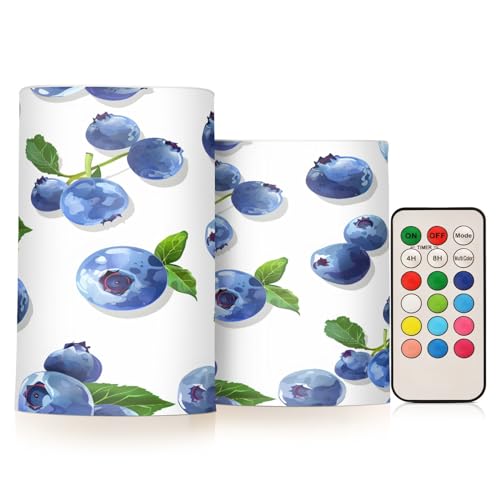 ALAZA Blueberry Vector Seamless Pattern Flickering Flameless Candles Battery Operated with Remote Timer,Tea Light Candles LED Pillar Votive Candles Set of 2 for Outdoor Indoor Decorations