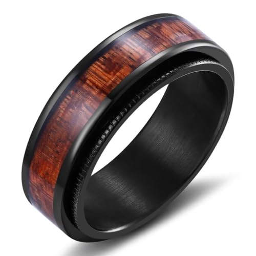 8mm Spinner Black Wood Inlay Stainless Steel Ring Black Spinner Anxiety Fidget Carbon Fiber Ring Wedding Band Stainless Steel Polished Finish Comfort Fit 12.5