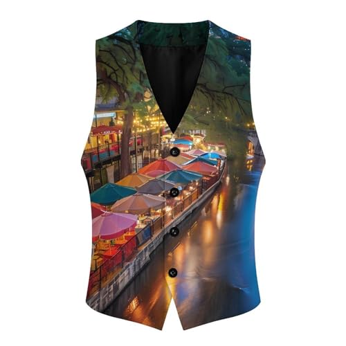 Antonio River Walk Landscape Men's Suit Vest Waistcoat Vests Formal Dress with 2 Pockets for Business Casual Tuxedo3