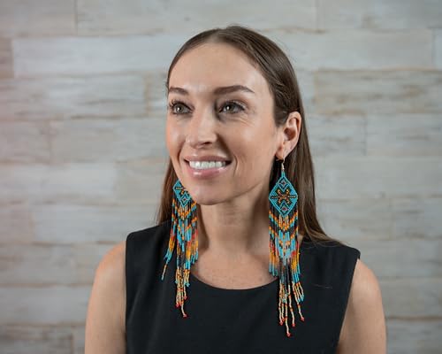 Handmade Southwestern Geometric Pattern Glass Seed Beaded Big Earrings3