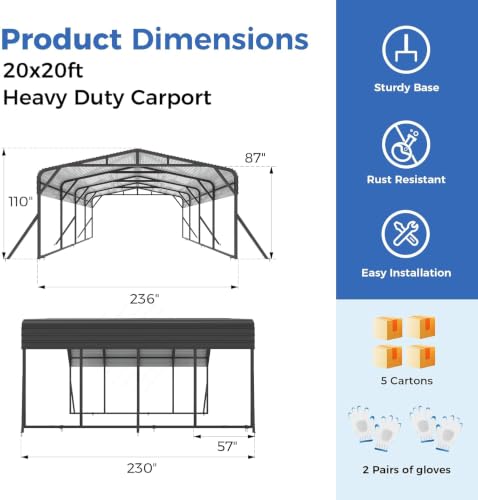 Image of AirWire 20'x20' Heavy Duty Carport Canopy for 2 Car, Metal Car Port Garage with Galvanized Steel Roof and Reinforced Stable Triangle Frame Base, Large Car Tent Shelter for Car, Pickup, Tractor, Boat