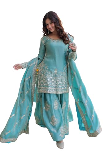 Image of Women's Embroidered Kurta Sharara Set with Dupatta | Designer Indian Ethnic Suit | Festive, Wedding, Engagement & Party Outfit for Women