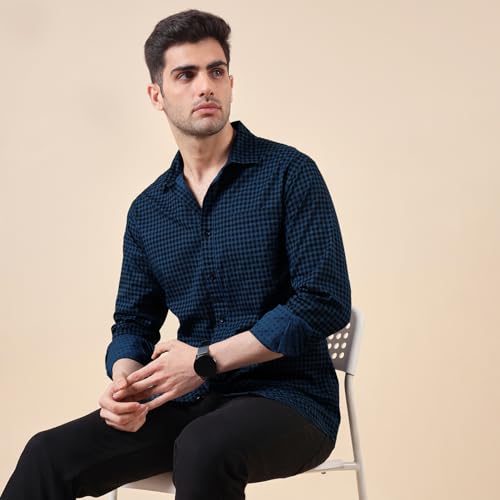 Image of Urban Scottish Men's Regular Fit Cotton Printed Shirt, Long Sleeve Button Down Collared, Soft Breathable Fabric, Stylish Everyday Wear Casual Shirt for Mens - Red & Navy