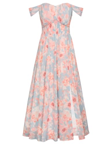 2025 Womens Summer Sleeveless Off Shoulder Floral Flowy A Line Maxi Dresses Light Blue Pink XL