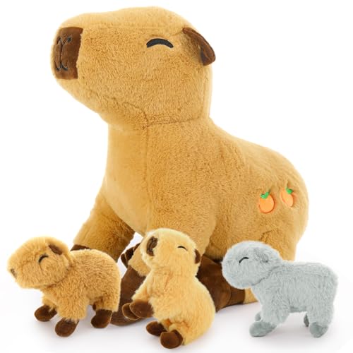 MorisMos 4 stücke riesen Capybara Plüschtier Stofftier, 50cm groß Capybara Kuscheltier XXL mit 3 Babys im Bauch, Geburtstag Weihnachten Geschenk für Jungen Mädchen Kinder Baby