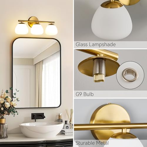 Image of Modern 3 Light Bathroom Vanity Light Gold Vanity Light Bathroom Light Fixtures Over Mirror with Milk Glass Shade Bathroom Vanity Lighting Fixtures