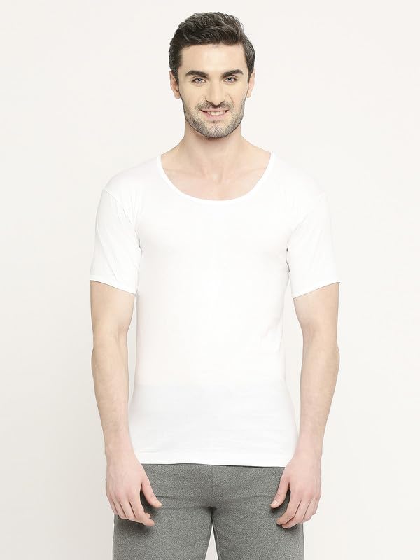 Image of VIP KNITSHRUNK 100% Cotton Antimicrobial Round Neck Half Sleeve Vest Combo Set for Mens with Sweat Absorbent Inner Vest, White