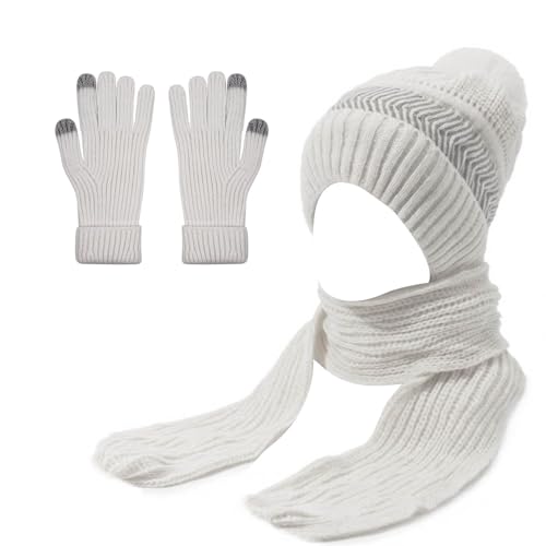 Christmas gifts,Christmas party decorations,winter beanie hat scarf gloves set for women,Women's Hat, Scarf, and Touchscreen Gloves Set for Cold Weather (White)
