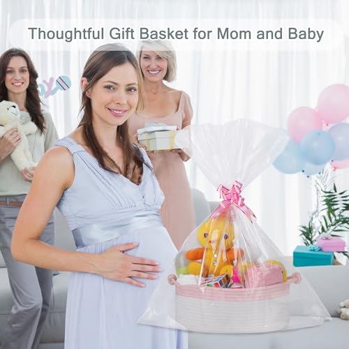 Image of COMSE Small Gift Basket Empty with Bag & Ribbons, Light Pink & White