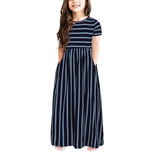 Girl's Short Sleeve Multicolor Striped Print Loose Dress Summer Casual Crew Neck Long Maxi Dresses with Pockets