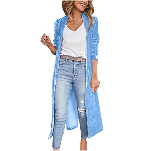 XUNRYAN Women's Long Velvet Jacket Fashion Cardigan Lapel Collar Open Front Cardigans Spring Fall Jackets Thin Coat