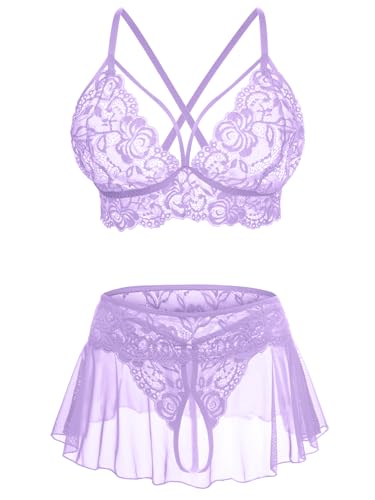 Image of CRIPOM Sexy Lingerie for Women Naughty 3 Piece Lace Bralette, Mini Skirt with G-String Crotchless Lingerie Outfits