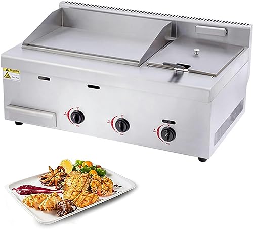 Desktop Gas Griddle, Commercial Countertop Griddle Cooking Hotplate Bbq Grill, Rapid/Uniform Heating, Non-Stick Teppanyaki Grill Deep Fryers French Fries with Oil Leakage Box for Home