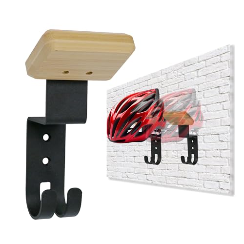 Nuvograin Helmet Holder Wall Mount, Helmet Hanger,Motorcycle Gear Rack with 2 Key Hooks, Constructed with Solid Wood & Strong Steel for Bike Tactical Gear Baseball Football Skiing Helmet